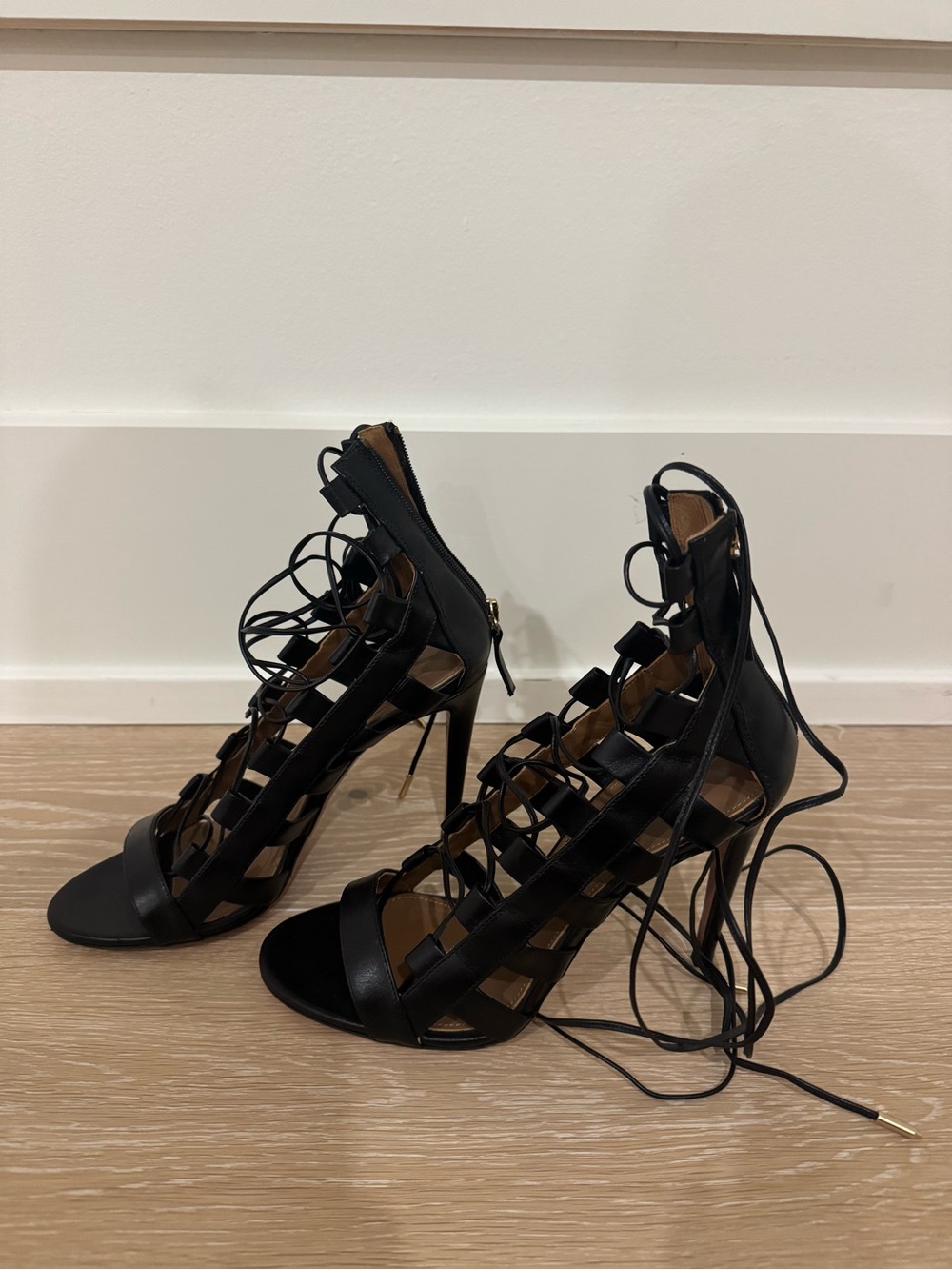 Aquazzura Black Lace-Up Strappy High Heel Sandals